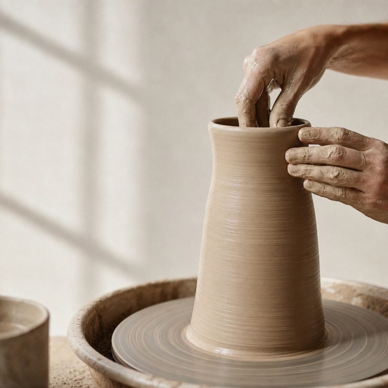 Hands shaping a ceramic vessel on a potter's wheel